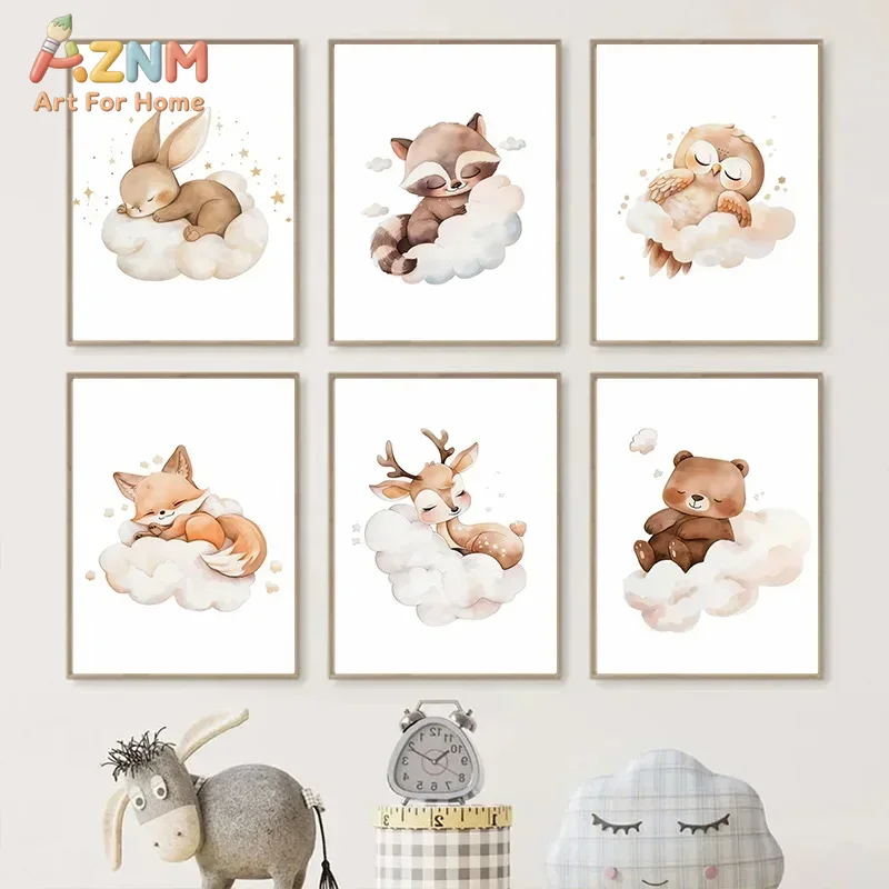 AZNM 수채화 스타일의 숲속 동물 그림 캔버스 액자, - Baby Nursery Frames 리뷰 및 가격